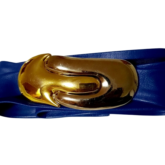 Vintage Blue Faux Leather 2" Wide Belt  w/ 2pc Gold/Silver Abstract Buckle Sz M - Picture 5 of 8